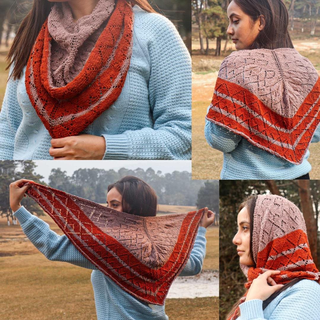 A Women wearing a orange grey knitted silk scarf from eri silk -  Download this beautiful silk knitting pattern online from Muezart