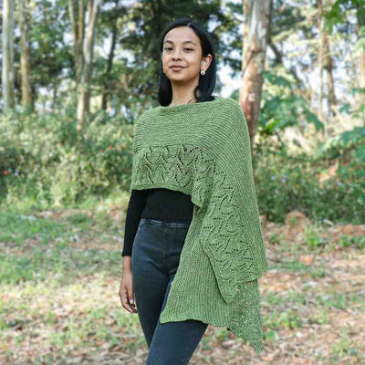 Green shawl knitting pattern using Garter stitch and Lace stitch